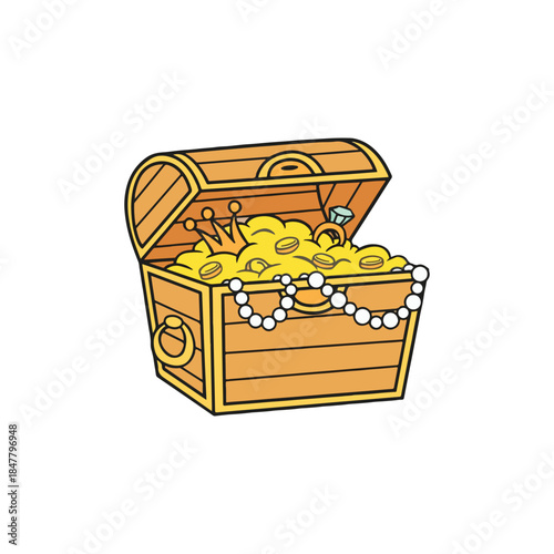 Open wooden treasure chest filled with shining gold, coins, and sparkling jewels
