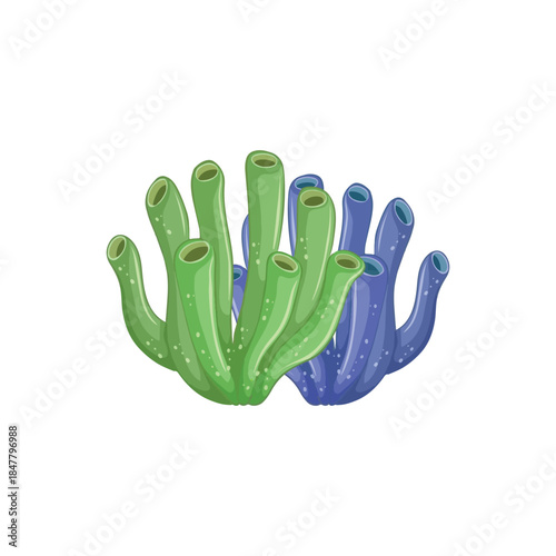 Vibrant cartoon coral illustration featuring green and blue marine tube sponges