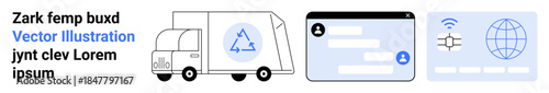 Sustainability, logistics, digital identity, global network, user interface, recycling. Delivery truck with recycling symbol, ID card network icon. Sustainability and logistics concepts