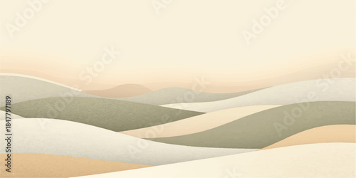 Vector illustration of a hot Sahara desert landscape featuring orange sand dunes under a yellow sunset sky with an arid wilderness pattern