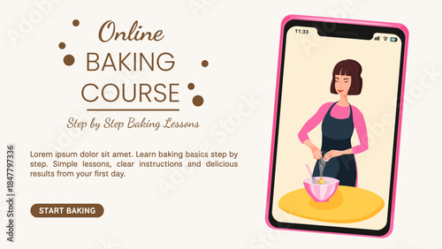 Online baking course poster with baker mixing batter on smartphone screen. Flat illustration banner for beginner baking lessons, cooking classes and food education promotion.