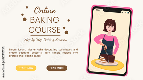 Online baking course poster with cake decorating on smartphone screen. Flat illustration banner for pastry lessons, dessert decoration classes and professional baking skills promotion.