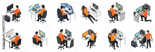 Isometric Professional Gamer at Computer Desk in Different Poses Illustration
