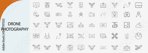 drone photography icon set, aerial filming and quadcopter technology icons