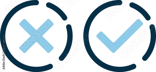 Stylized circular icons with checkmark and X symbols in blue tones. Ideal for UI, feedback, and decision-making visuals.
