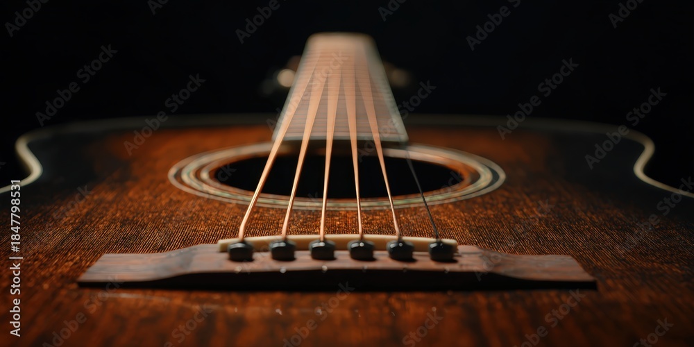 Fototapeta premium Melody in Strings: A detailed close-up shot of an acoustic guitar, revealing the intricate details of the strings, soundhole, and wooden body against a dark backdrop.