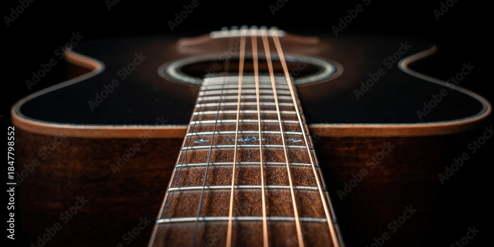 Obraz premium Acoustic Guitar's Artistic Essence: An artistic representation of an acoustic guitar, focusing on the details of the strings, fretboard, and body to capture its musical charm and elegant silhouette. 