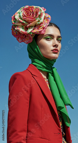 A fashion model wearing a vibrant outfit with a red jacket a green scarf and a large colorful flower accessory in their hair the background is a clear blue sky