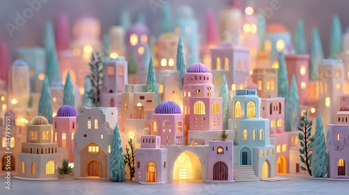 Fototapeta Naklejka Na Ścianę i Meble -  Enchanting Miniature Village Illuminated by Warm Festive Lights.