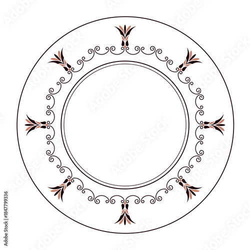 Decorative Round frame Greek porcelain plate with pattern. Plate with floral elements. Egyptian pattern. Ancient Greece, Roman Empire. Pattern frame for circle ceramics, textiles, plate, embroidery