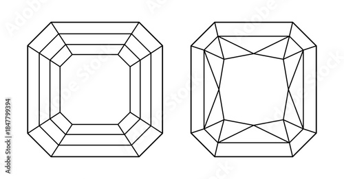 Asscher, Original Radiant diamond cut shapes. Diamond top view. Gemstone outline icons for jewellery design, branding, packaging, logo, digital graphic. Asscher, original Radiant brilliant cut pattern