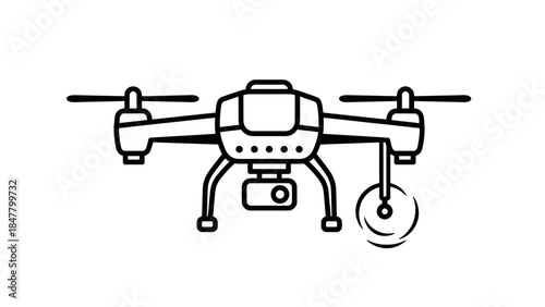 Minimalistic line drawing of a drone with a mounted camera and spinning rotor blades