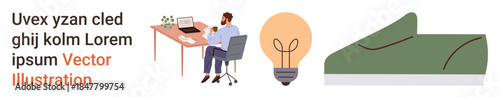 Workspace setup, innovation ideas, productivity, casual footwear, creativity, placeholder text. Person working at desk, light bulb icon green shoe graphic. Innovation ideas and productivity theme