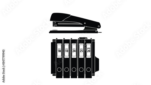 Black stapler and stack of binders on white background