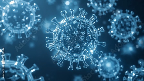 Close-up view of the illustration of the infectious corona virus particles floating in a deep blue background. The illustration evokes a sense of both danger and scientific curiosity.