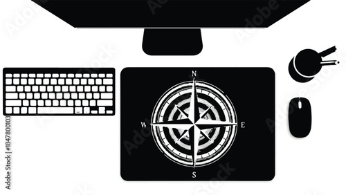 Modern workspace setup with computer and navigation mousepad