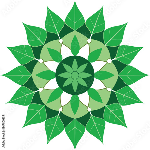 Green leaf mandala design symbolizing nature growth and ecological harmony in a circular pattern