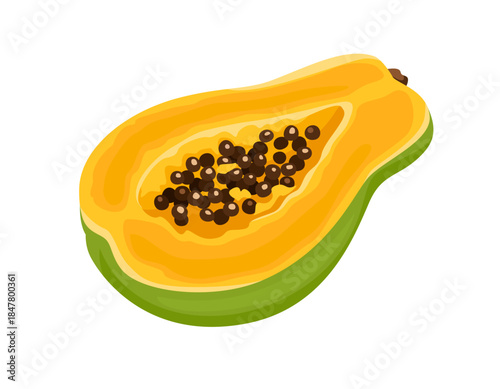 Ripe papaya cut in half isolated on white background. Vector cartoon flat illustration. Tropical fruit icon
