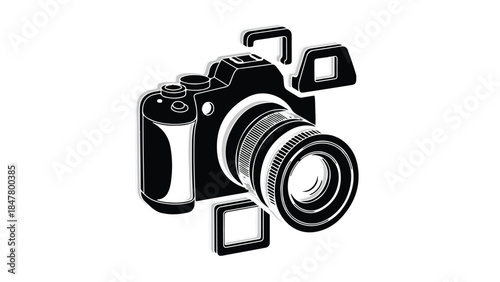 Black and white illustration of a camera with film rolls