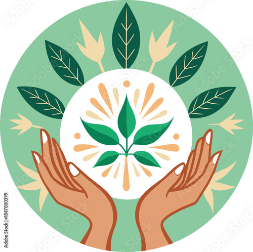 Hands gently cradling a glowing sphere featuring a vibrant green cannabis leaf design for wellness