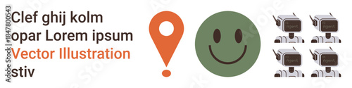 Location tracking, AI technology, robotics, user interface, emotion expression, tech concepts. A green happy face, orange location pin repetitive small robots in a grid. Location tracking and AI