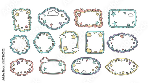 Playful Frames: A collection of delightful, hand-drawn frames in an array of shapes, adorned with stars, clouds, and gentle colors. Perfect for adding a whimsical touch to any design or message. 