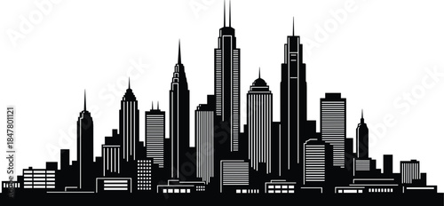 Black and white cityscape silhouette with tall skyscrapers and buildings Keywords: cityscape, silhouette, city, skyline, urban