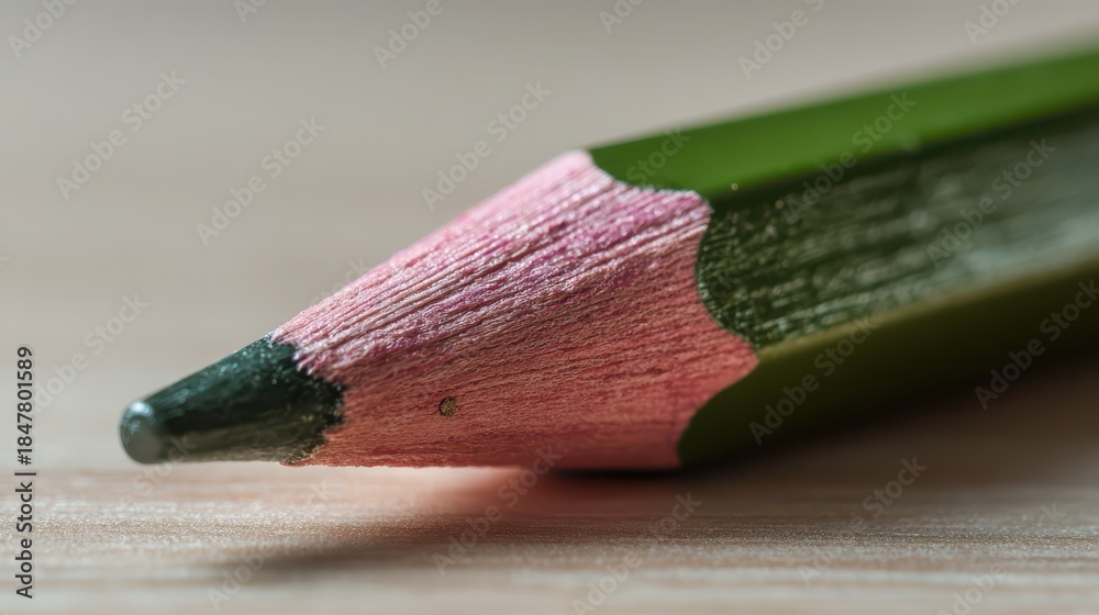 Obraz premium Close-up of a green wooden pencil with eraser on a light desk surface
