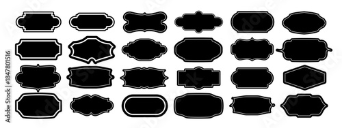 Black decorative label silhouettes, vintage frame shapes, retro outline badge, ornate geometric borders, empty tag design graphics, shield elegant royal crest emblem, retro of black and white icons
