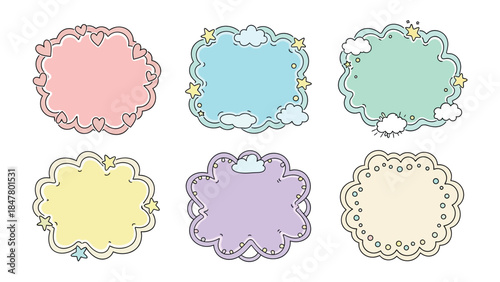 Colorful Frames: A collection of six uniquely designed, pastel-colored frames, each adorned with whimsical elements such as hearts, stars, and clouds.