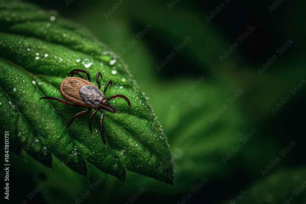 Naklejka premium Close-up of a tiny tick on a lush leaf in a sunlit forest, detailed texture and natural greens
