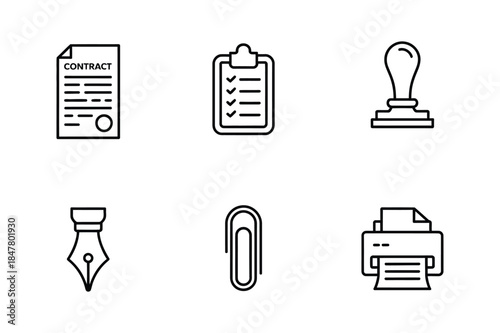 A set of line art icons representing various office supplies and business documents