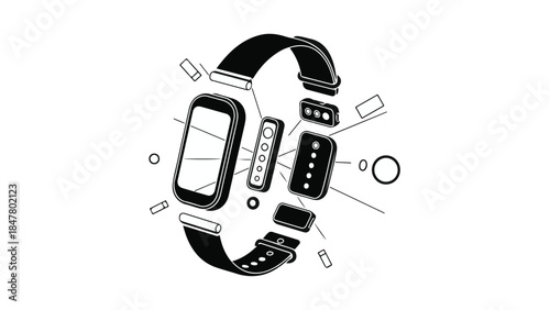 Smartwatch components and accessories on white background