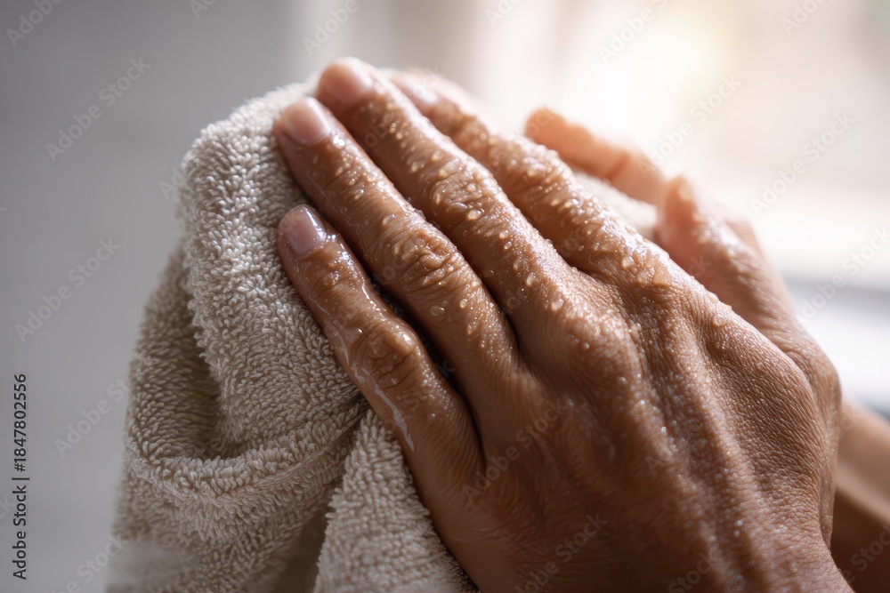 Fototapeta premium Close-up of hands drying with a soft cotton towel in a bright bathroom