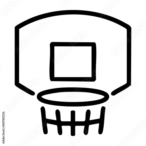 Outline of a basketball hoop, including the hexagonal backboard, oval-shaped rim, and short net hanging below. Related to sports equipment, basketball courts, athletics, and recreational activities