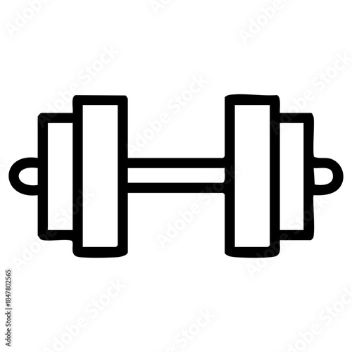 Outline of a standard dumbbell used for weightlifting and strength training connecting two sets of weighted plates. Related to fitness centers, bodybuilding, strength training, health, wellness apps