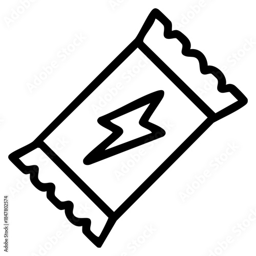 Outline of a packaged snack bar, specifically an energy bar, rectangular wrapper features a lightning bolt symbol. Related to sports nutrition, energy snacks, granola bars, and fitness supplements