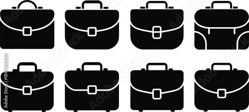 Eight Black Silhouette Icons of Briefcases and Satchels on White Background business collection