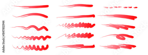  Dry Gouache Brushstrokes 01. Underline Material Set Decoration Straight line Curved line Wavy line Ornament Border Decorative border Heading Divider Separator set of red paint strokes and splashes