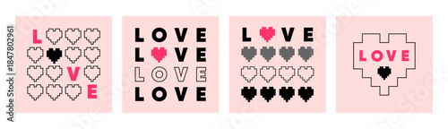 Minimal Love Heart Poster Set in Retro Graphic Style. Templates with stylized hearts and bold LOVE text for Valentines cards, social media graphics,print design, romantic branding. Vector illustration