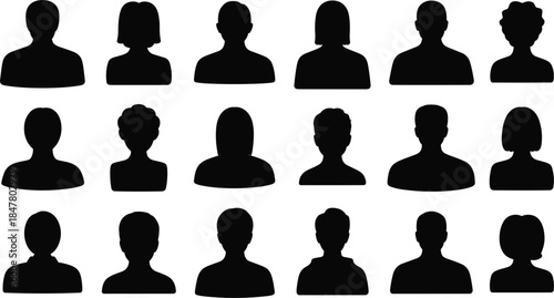 Fifteen Black Silhouette Headshot Icons Of Diverse People On White Background vector illustration