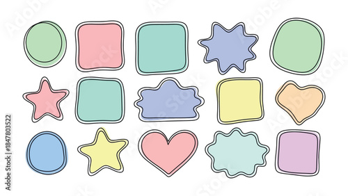 Colorful Shapes with Texture: An artistic array of diverse shapes, each delicately outlined with a textured sketch, and filled with pastel hues. creating a playful sense of design.