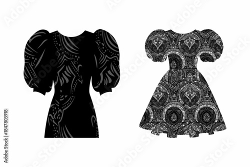 Stylized black and white dresses with puffed sleeves and abstract ornamental patterns