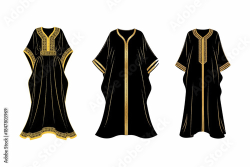 Traditional black garments with gold embroidery and cultural design elements in vector illustration