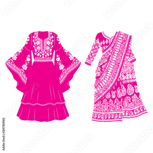 Traditional Indian lehenga and saree with floral embroidery and ornamental ethnic patterns