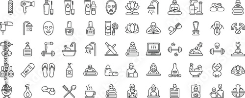 Spa, Wellness, and Beauty Treatment Line Icons, Minimal Vector Set for Relaxation, Cosmetics, Massage, Hair Care, and Self-Care Routine.