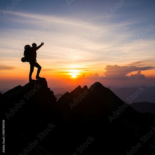 Wallpaper Mural A silhouette of a climbing adventurer standing on a rocky mountain top against an orange sunset sky symbolizes nature travel and success Torontodigital.ca