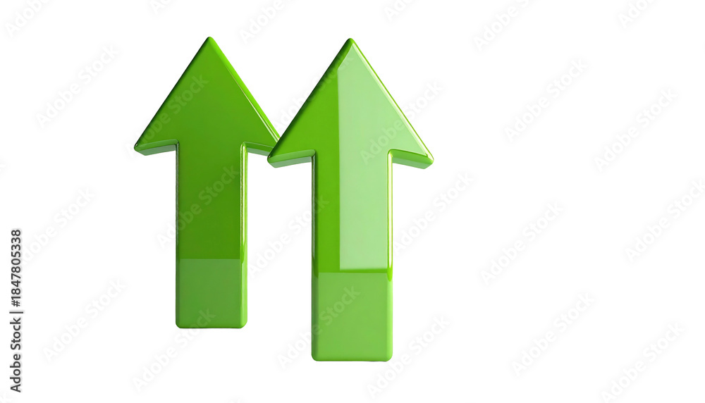 Fototapeta premium Two vibrant green arrows pointing upwards, rendered with a glossy, three-dimensional effect on a stark black background