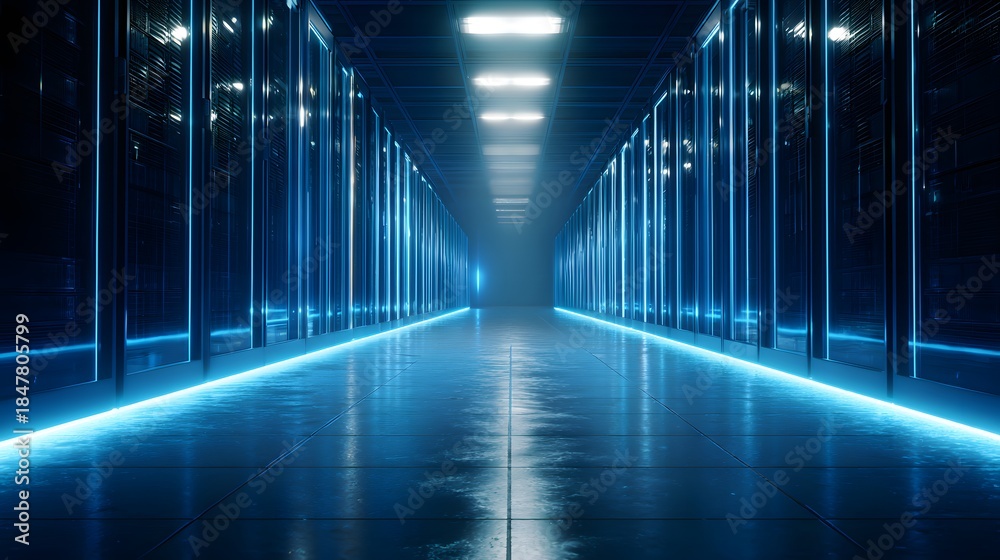 Fototapeta premium Futuristic Server Room with Blue Neon Lights and Rows of Racks.
