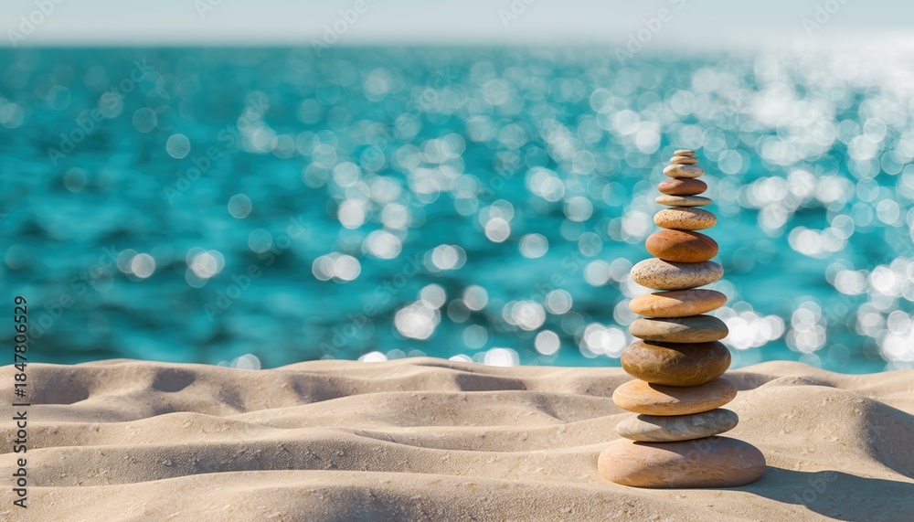Obraz premium Stacked stones on sand with ocean background